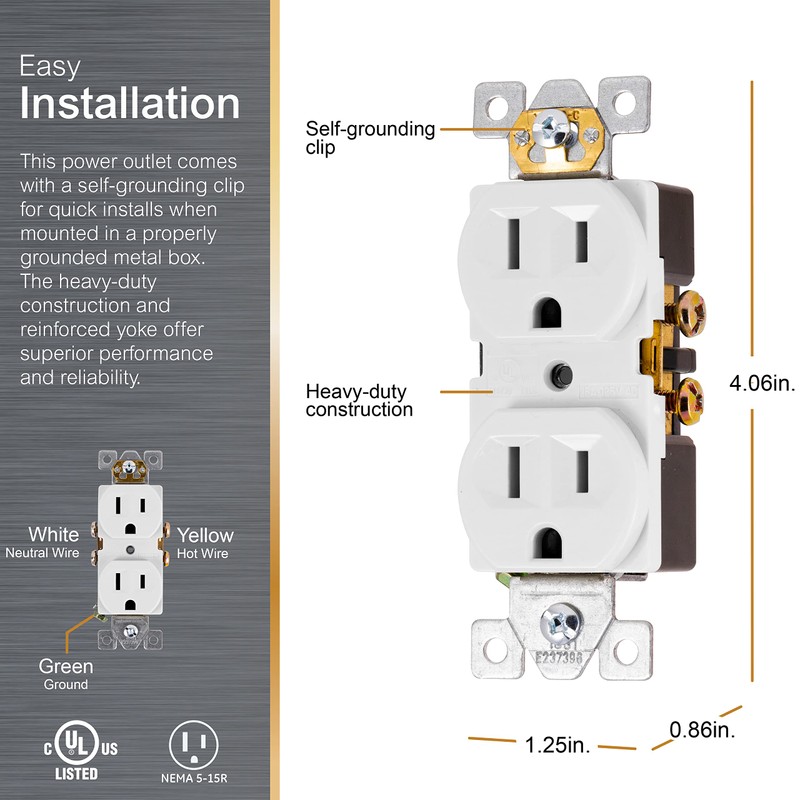 GE UltraPro Duplex Heavy-Duty Receptacle, White, Wall Outlet, Reinforced Yoke,