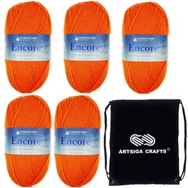 Plymouth Yarn for Knitting Encore Worsted Bright Orange 1383, 5-Skeins (Same Dyelot, Total: 500 gr, 1000 yds), Medium Weight #4, 75% Acrylic/25% Wool Blend, with Project Bag