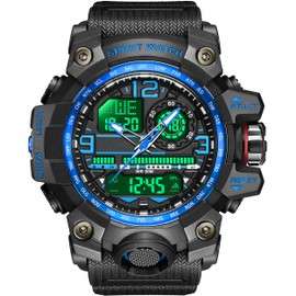 Men's 50M Waterproof Digital Sports Watch with LED Light Alarm Running Calendar Date Blue Strap, blue, Strap.