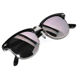 Classic Vintage Metal Silver Half Frame Sunglasses Mirrored Black Lens