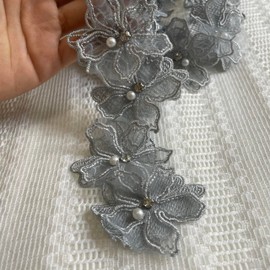 2 Yards 3D Pearl Beads Flower Lace Trim Ribbon Floral Applique Embroidered Lace Fabric for Sewing DIY Crafts (Grey)