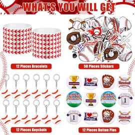 86 Pcs Baseball Team Gifts Baseball Party Favors Supplies with 12 Baseball Silicone Bracelets, 12 Key Chains, 12 Baseball Pin Badges, 50 Waterproof Stickers for Baseball Birthday Souvenir (Classic)