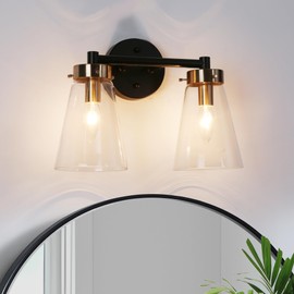 KSANA 2-Light Gold & Black Vanity Light Fixtures Over Mirror, Modern Wall Mount Brass Bathroom Sconce with Clear Glass, Mid-Century Gold Vanity Lighting for Bathroom, Makeup Dressing Table, Bedroom