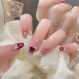 French Tip Press on Nails Medium Fake Nails with Red Bow 3D Pearl Designs Glossy False Nails Cute Acrylic Nails Gel Glue on Nails for Women Girlfriend Gift 24 Pcs (Red-10, Nails-10)