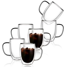 CNGLASS 6 Pack Double Walled Glass Coffee Mugs，12oz Clear Coffee Cups with Handle，Insulated Glass Espresso Mugs for Latte,Cappuccino,Tea