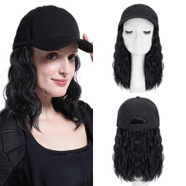8 Inch Baseball Cap With Hair Extensions BOB Synthetic Hair With Attached Black Hat With One Piece Hair Extensions For Women - Dark Black