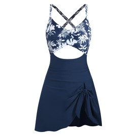 ZAFUL Women One Piece Swimsuit Modest Tummy Control Bathing Suit Over 50 Modlily Swim Dress Swimwear Push Up V Neck Swim Suits 2024 Navy Blue Leaf L