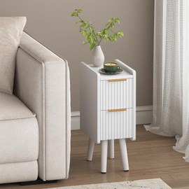 ELYKEN 7.9" Narrow Side Table, 20.6" Tall Fluted Nightstand with Drawers, Wooden Small End Table for Small Spaces, Modern Skinny Bedside Table, Slim Nightstand for Bedroom, White