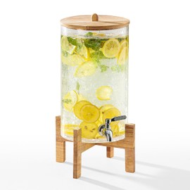 Cryyam 2 Gallon Glass Drink Dispenser with Stand, Beverage Dispenser with Wood Lid and Stainless Steel Spigot, Glass Water Dispenser for Parties, Ideal for Juice, Tea, Lemonade, and More