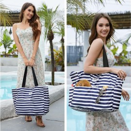 HOMESPON Large Waterproof Beach Tote Bag for Women with Zip and Pockets Foldable Handbag for Travel Pool Shopping Holiday Gym-Checkered Brown White