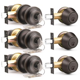 Brotima 3 Pack Keyed Alike Front Door Knob and Deadbolt Set, Entry Door Locksets with Single Cylinder Deadbolt, Oil Rubbed Bronze Flat Round Door Lock Set for Bedroom/Office/Exterior Doors