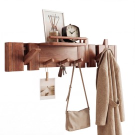 Mid Century Modern Wood Coat Rack Wall Mount with Shelf, 7 Hooks, Walnut
