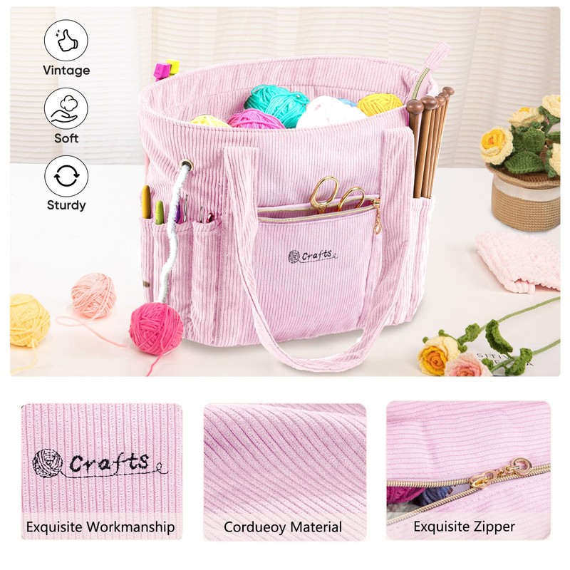 MYBAGZING Corduroy Crochet Bag 11.5" Large Yarn Storage Tote with