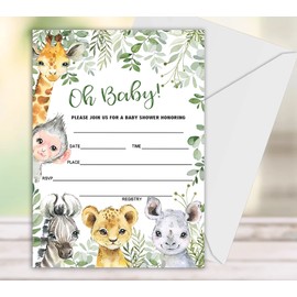 Geuro Baby Shower Invitations for boy, Jungle Animals Fill In Invites Cards wih Envelopes, Wooden, Set of 25.