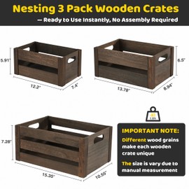 Edergoo Wooden Crates 3 Pack, Nesting Handmade Wood Crates for Storage, No Installation Wooden Storage Box with Cutout Handle for Display & Decor, Brown