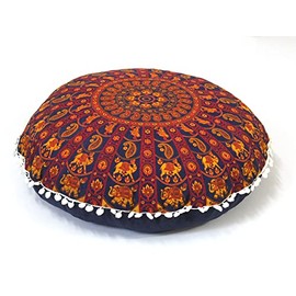 Round Mandala Floor Pillow Cover Seating Cushion Throw Cover Hippie Decorative Bohemian Ottoman Pouf Cover, Pom Pom Pillow Cases,Boho Indian 22 Inches (Orange)