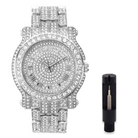 Techno Pave Men's Iced Diamond 45mm Metal Band Watch - Silver Roman Dial