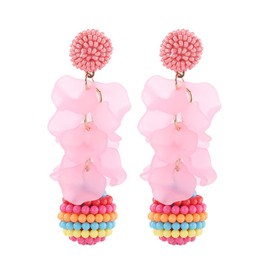 Rose Petal Beaded Ball Floral Dangle Earrings Bohemian Style Pink Plum Statement Flower Tassel Earrings for Women
