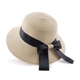 PESAAT Girl Summer Straw Hat Bowknot Girls Beach Caps Wide Brim Foldable Sun Hats (Beige, Child)