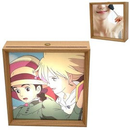4-in-1 Wooden Picture Frame Wind Up Music Box with Mirror, Rechargeable 3-Color Touch LED Night Light Musical Gift for Women Girl Party Home Desktop Display-HowlMoving Castle