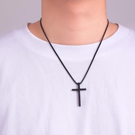 Fiusem Black Cross Necklace for Men, Black Plated Mens Cross Necklaces, 2.5mm Cross Chain and Stainless Steel Cross Pendant Medium, Box Chain 20 Inch