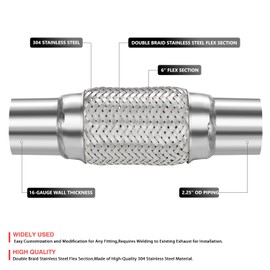 DNA MOTORING 2.25 inch Inlet Exhaust Flex Pipe 10 Inches Length 304 Stainless Steel Double Braid Heavy Duty Universal type Muffler Pipe,FXP-225-6-10