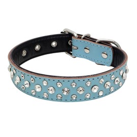 Rhinestones Dog Collar, Adjustable Sparkly Crystal Studded Genuine Leather Pet Dog Collar for Small and Medium Dogs (M, Blue)