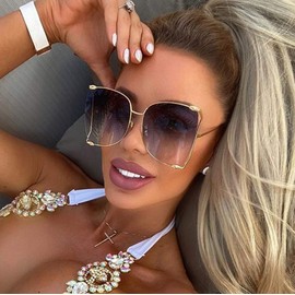 Armear Women Oversized Semi Rimless Sunglasses Retro Black Metal Frame Gradient Grey Lens Fashion Pearl Design 64mm