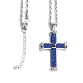 TGNEL Lapis Lazuli Cross Pendant Necklace for Men, Fashion Stainless Steel Mens Cross Necklace 24 Inches