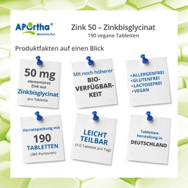 APOrtha® Zinc Tablets High Dose (Pack of 190), 50 mg Zinc Bisglycinate per Tablet, Annual Supply with 0.5 Tablets a Day, Vegan without Additives, Alternative to Zinc Capsules