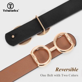 TRIWORKS Women Reversible Leather Belt for Jeans Pants,Fashion Gold Buckle Ladies Dress Belt，D-Black/Brown