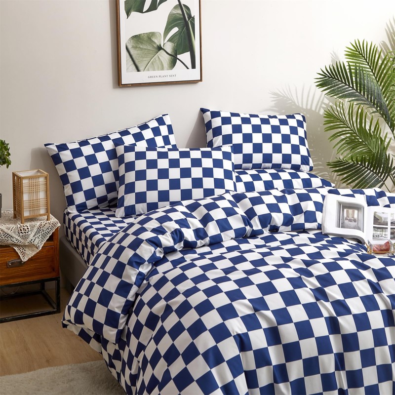 CLOTHKNOW Blue White Plaid Queen Comforter Set 3Pcs Grid Bedding