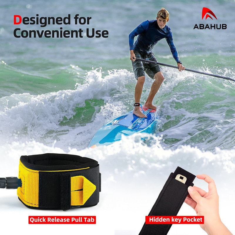 Abahub Premium Coil SUP Leash, 10 ft Yellow Coiled Paddle