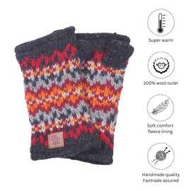 Pachamama Women Wool Hand Wrist Warmers Fleece Lined Handknitted Fair Isle Multicoloured One-Size Handmade Extra Warm Fair Trade (Charcoal)