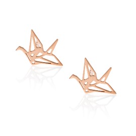 Aka Gioielli® - Origami Crane Stud Earrings 925 Silver Rose Gold Gifts for Girls and Women, Sterling Silver Rose Gold