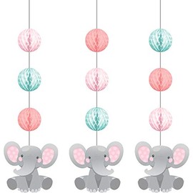 Creative Converting 346348, Enchanting Elephants Girl Honeycomb Hanging Cutouts, 3 Ct, 32", Pink