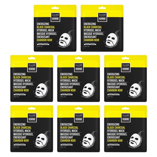 Soo'AE Homme Energizing Black Charcoal Hydrogel Mask [8 Count] Facial Mask for Men Charcoal and Lemon Infused | Soothing and Hydrating