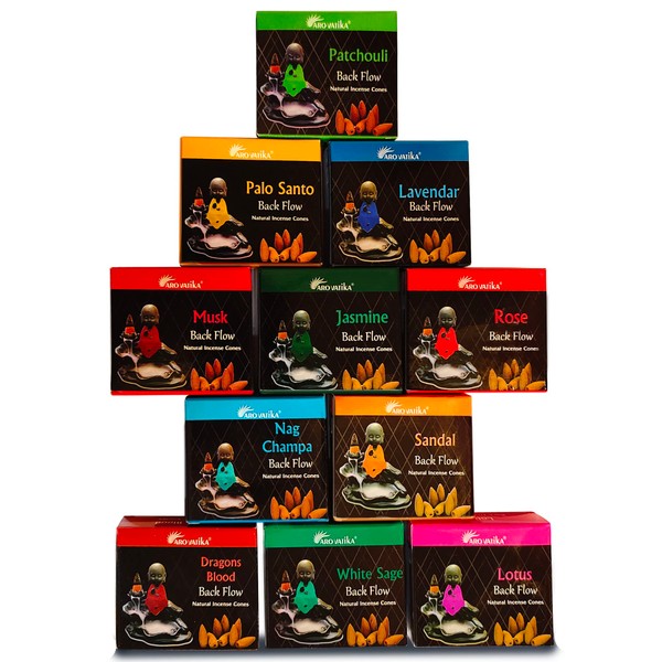 ARO VATIKA Backflow Natural Incense Cones 12 Packs Total 120 pcs of 12 fragrances (Dragon Blood,Lavender,Musk,Nag Champa,Rose,Palo Santo,Patchouli,Sandal,White Sage,Lotus,Frankincense & Myrrh,Jasmine)