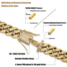 TRIOD JEWELRY 5 Times Real Gold Plated Solid Miami Cuban Link Chain- Stainless Steel Simulated Diamond Clasp- 8mm to 14mm Various Length (12mm30inches)