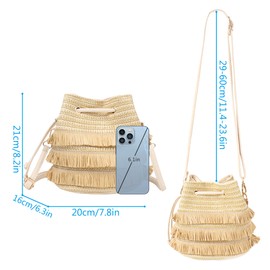 Aisi Women Straw Crossbody Shoulder Handbag Tassel Beach Bohemian Purse Woven Boho Drawstring Bucket Bag