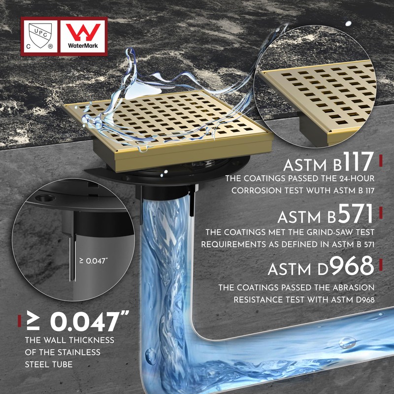 WEBANG 6 Inch Square Shower Drain Gold Floor Drain with