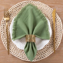 LINXTAR Handmade Cloth Napkins with Fringe 10 Pack 17''x17'' Thick Cotton Linen Napkins Soft Versatile Dinner Table Napkins for Parties Weddings Everyday Use - Sage