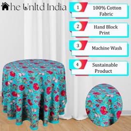 THE Unltd India Turquoise Twilight 100% Cotton Spring Summer Round Tablecloth, Block Print Table Cloth for Dining, Weddings, Outdoors, Parties, Grand Millenial Home 72" Inches 6 Seater