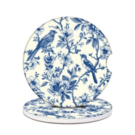 Blue Bird Floral Car Coasters for Cup Holders, Absorbent Ceramic Car Coaster Car Cup Holder Coaster Car Accessories for Women Men (2 Pack)