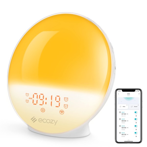 ecozy Sunrise Alarm Clock for Heavy Sleepers, Smart Wake Up Light with Sunrise/Sunset Simulation, App & Voice Controlled, Natural Sounds & FM Radio, 4 Alarms & Snooze, 7 Colors Night Light for Bedroom