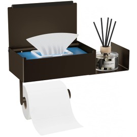 Toilet Paper Holder with Shelf, FUNLEU Flushable Wipes Dispenser for Bathroom, Self Adhesive Toilet Paper Holder with Storage - Stainless Steel Toilet Holder Keep Wipes Hidden Out of Sight, Bronze