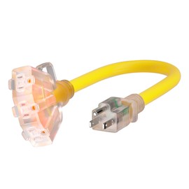 PlugSaf 1 FT 12/3 Gauge Outdoor Extension Cord with Multiple Outlets Light Indicator, Flexible Weatherproof 3 Outlet Heavy Duty Extension Cord Waterproof Yellow, 15A 1875W 12AWG SJTW, ETL Listed