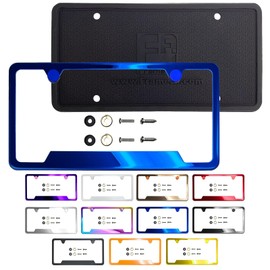 T304 Stainless Steel Bottom Cut Out Corner License Plate Frame Blue Mirror Chrome Electroplating Universal Fit Aluminum Screw On Cap Cover, Silicone Back Guard, Rust Proof Weather Proof (Qty: 1 Frame)