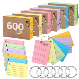 Siumir Pack of 600 Index Cards, Double-Sided Print, A8 Flashcards, with Kraft Cover and Loose Leaf Ring, Six-Colour Lined Index Cards, Suitable for Offices & Homes & Schools (7.4 x 5.2 cm)