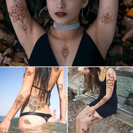 XMASIR Mehndi 2023 Brown Tattoo Stickers, Temporary Tattoos Set, Waterproof, Fake Tattoo Stickers for Hands, Arms, Adults, Women, Girls, 12 Sheets